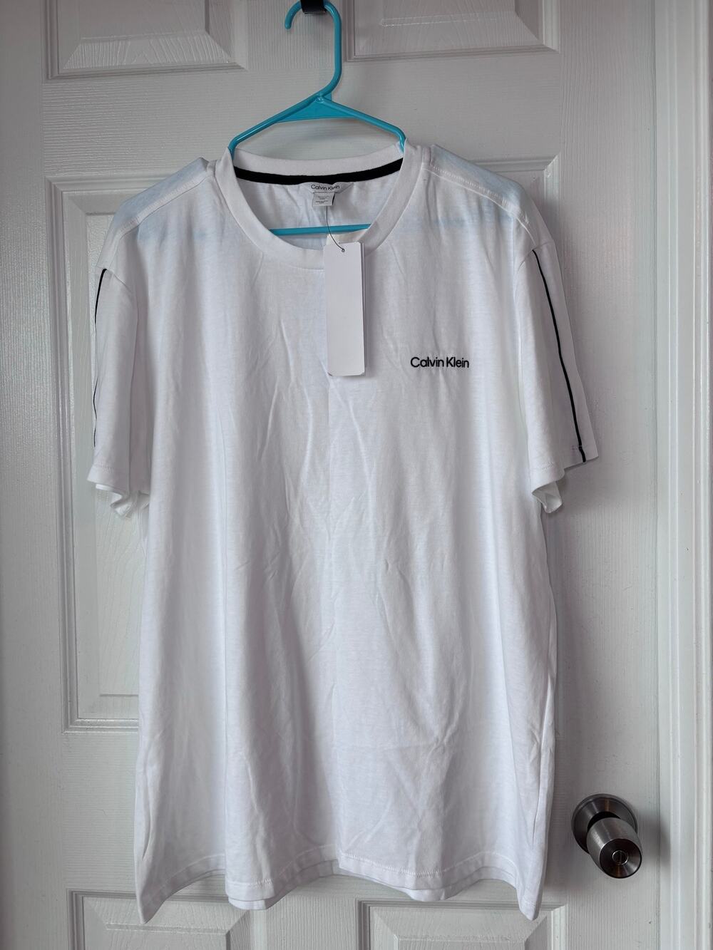 Calvin Klein Men’s XL White Logo T-Shirt Black Stripe Sleeve NWT